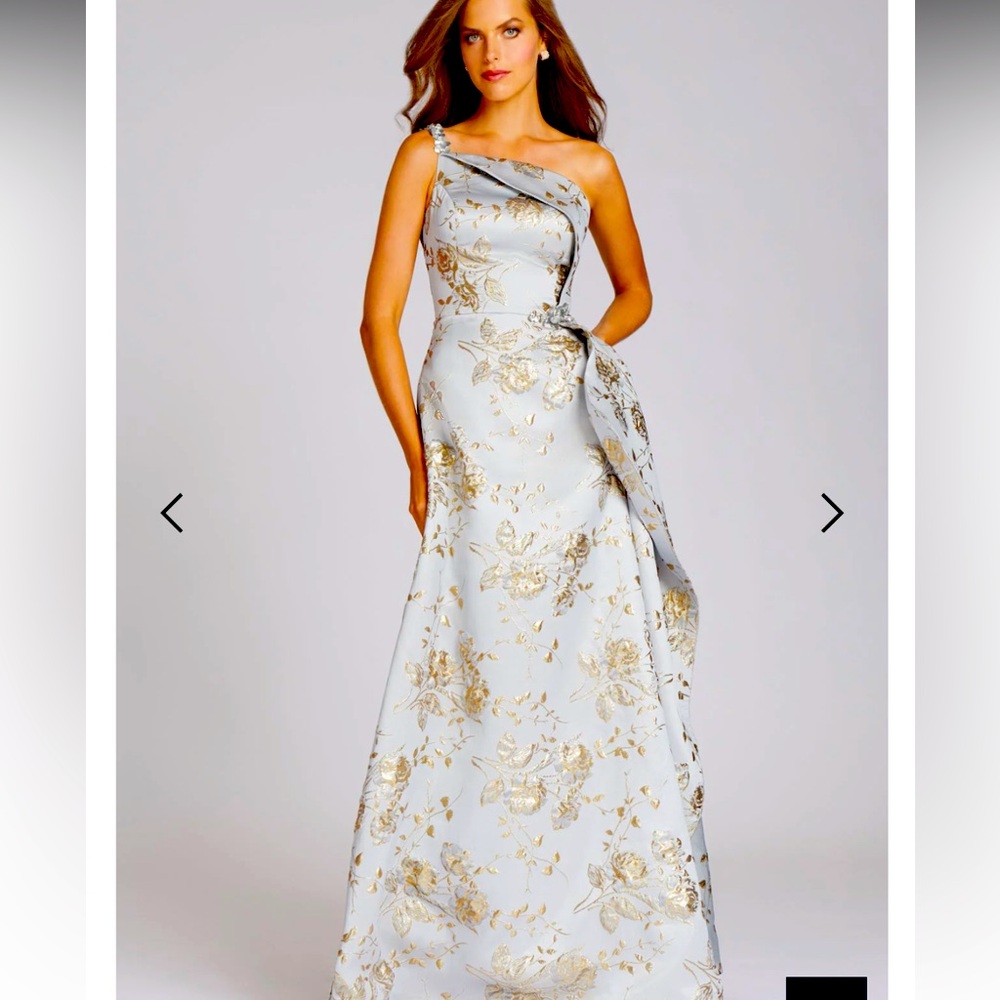 Teri Jon,  One shoulder, Quasi Ballgown in silvery blue jacquard print fabric.